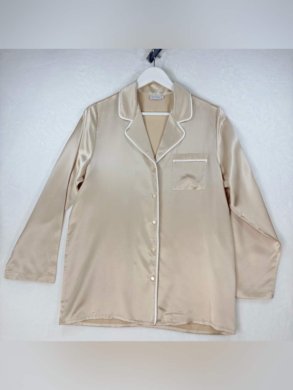 Manito 100% Mulberry Silk Pajama Top Champagne Ivory Button Front Size S
